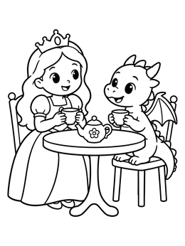 Free printable Princess Having Tea With Baby Dragon coloring page