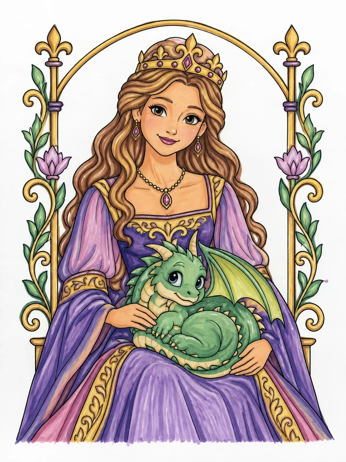 Colored example of the Princess With Cute Baby Dragon coloring page