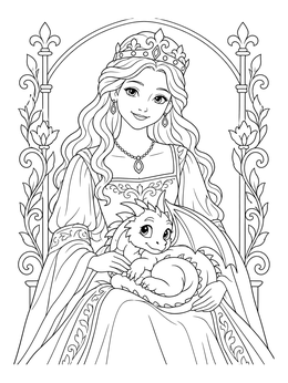 A medieval princess coloring page featuring a royal lady holding a sleeping baby dragon on her lap.