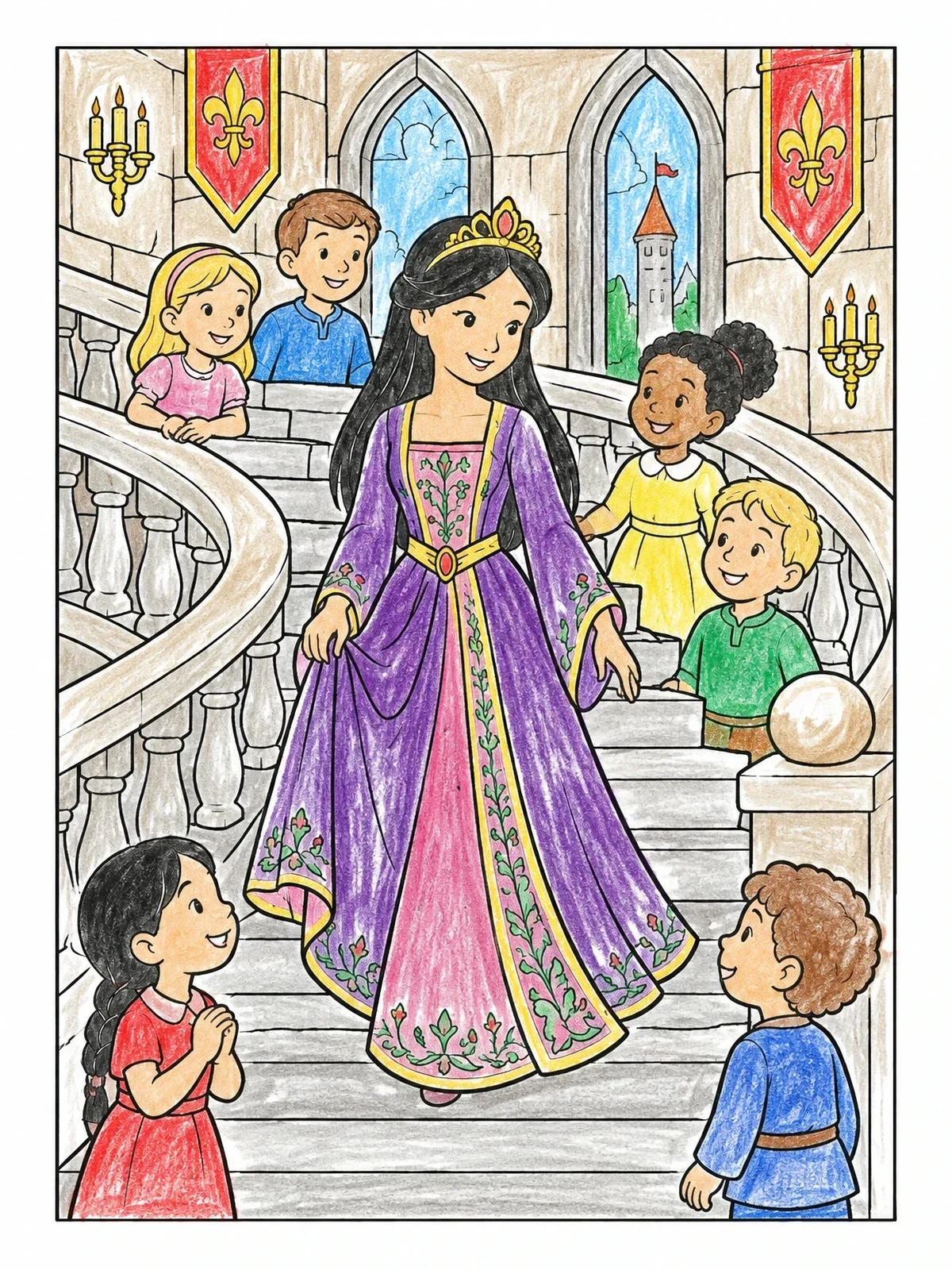 Colored example of the Princess On The Castle Stairs With Children coloring page