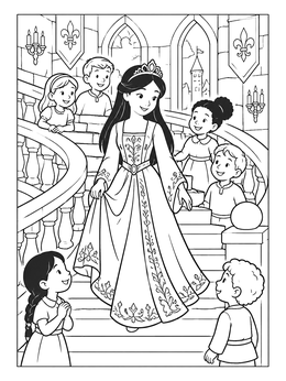 Free printable Princess On The Castle Stairs With Children coloring page