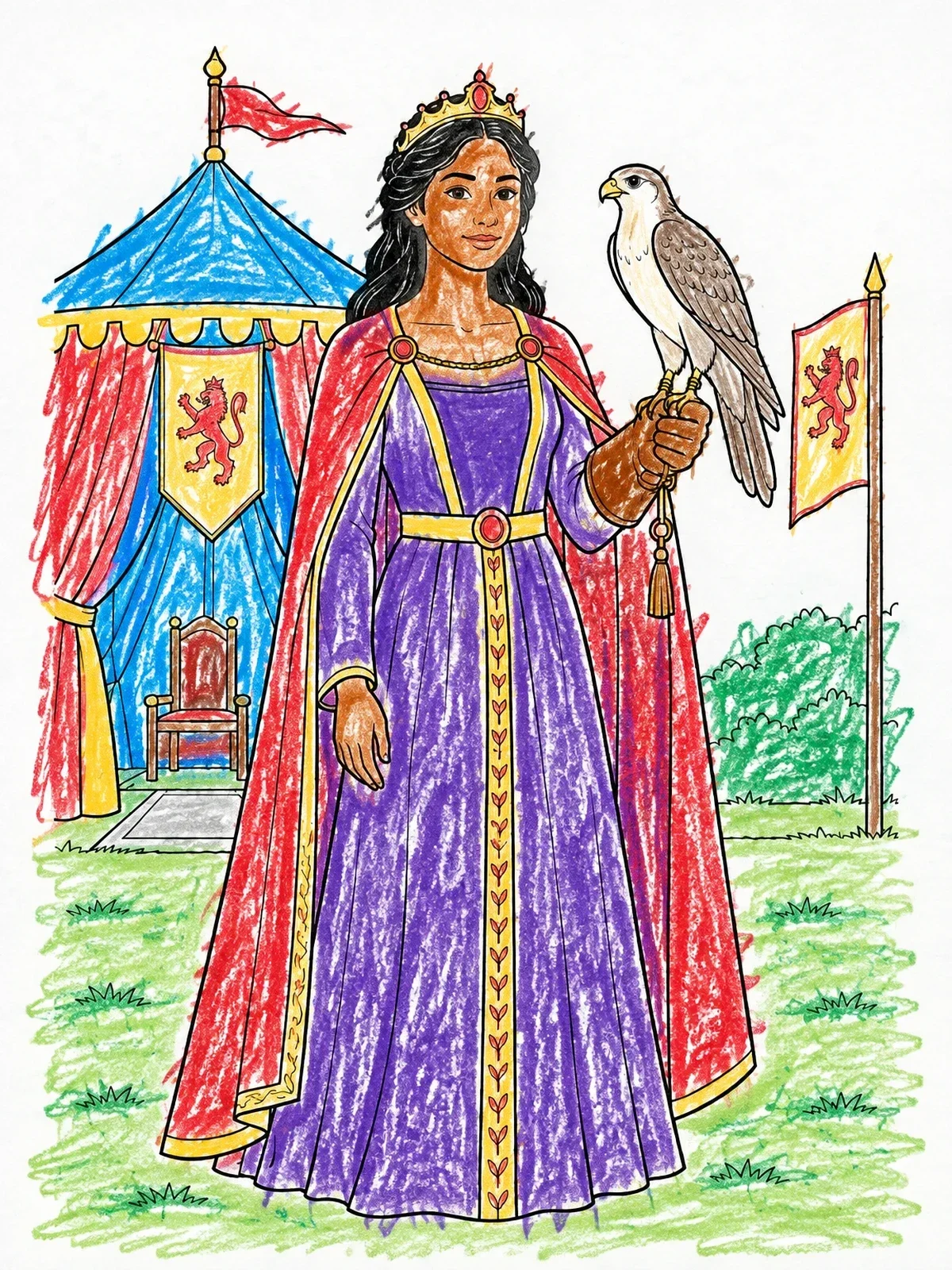 Colored example of the Medieval Princess With Hunting Falcon coloring page