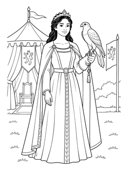 A medieval princess coloring page featuring a royal lady holding a falcon by a tent.