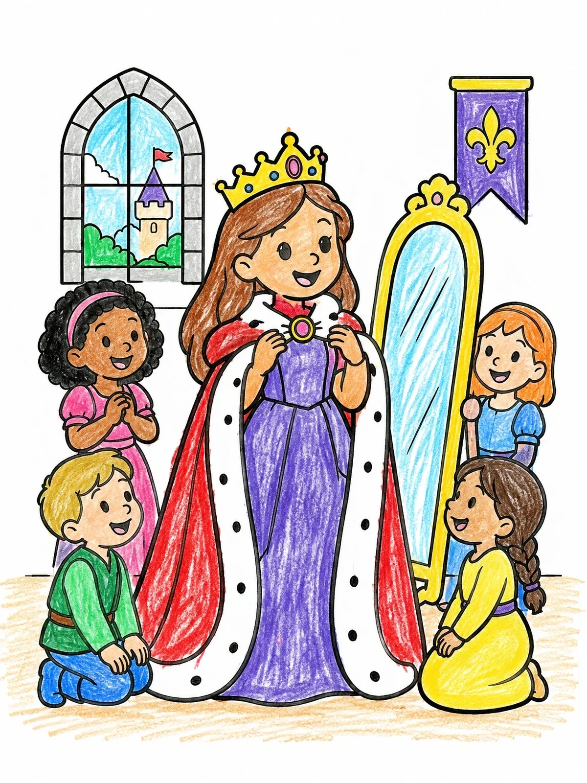 Colored example of the Young Princess Trying On Royal Cape coloring page