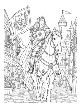 A queen rides a noble horse past castle towers on this medieval coloring page.