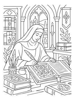 A nun writes with a quill in this medieval coloring page scriptorium scene.