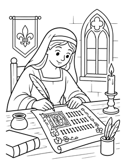 Free printable Medieval Scribe Writing Gothic Manuscript coloring page