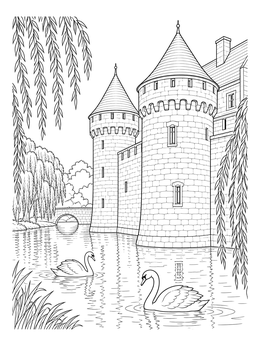 A medieval coloring page showing a stone castle by a water moat with swimming swans and willow trees.