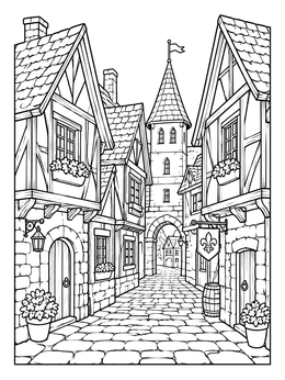 Free printable Medieval Village Cobblestone Street coloring page