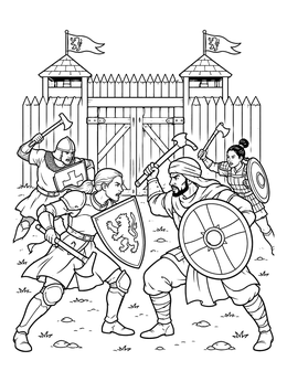 Warriors battle before a fortress gate in this medieval coloring page.