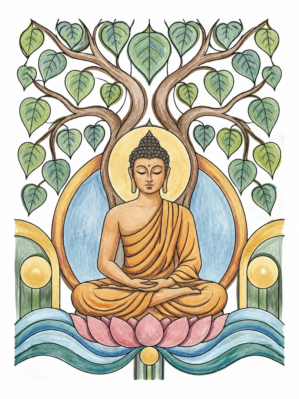 Colored example of the Buddha Meditating Under Bodhi Tree coloring page