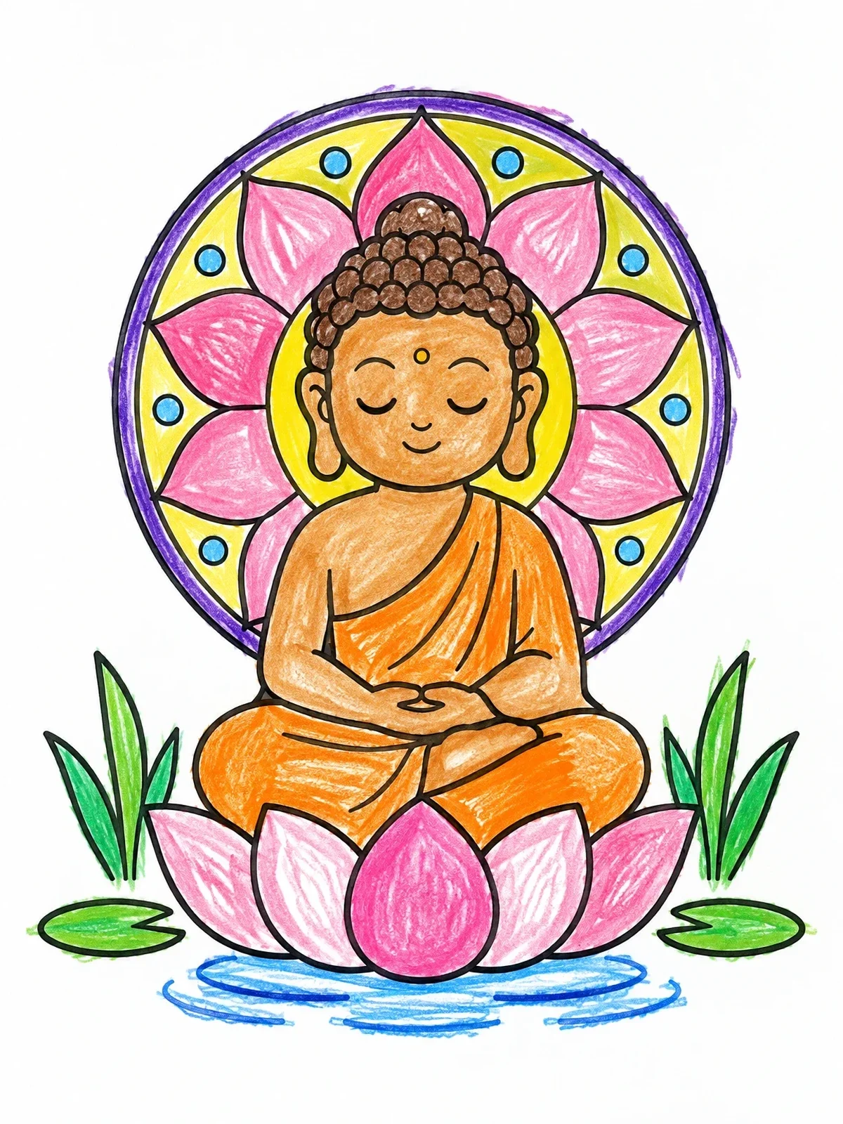 Colored example of the Meditating Buddha On Lotus Flower coloring page