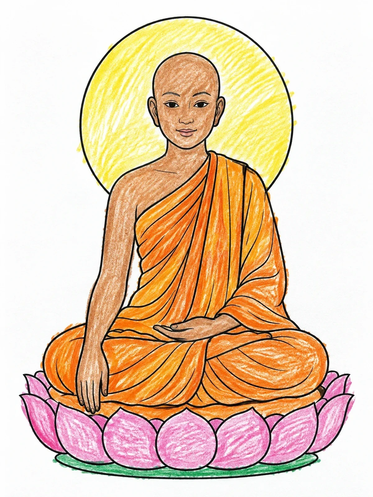Colored example of the Meditating Buddha On Lotus Throne coloring page