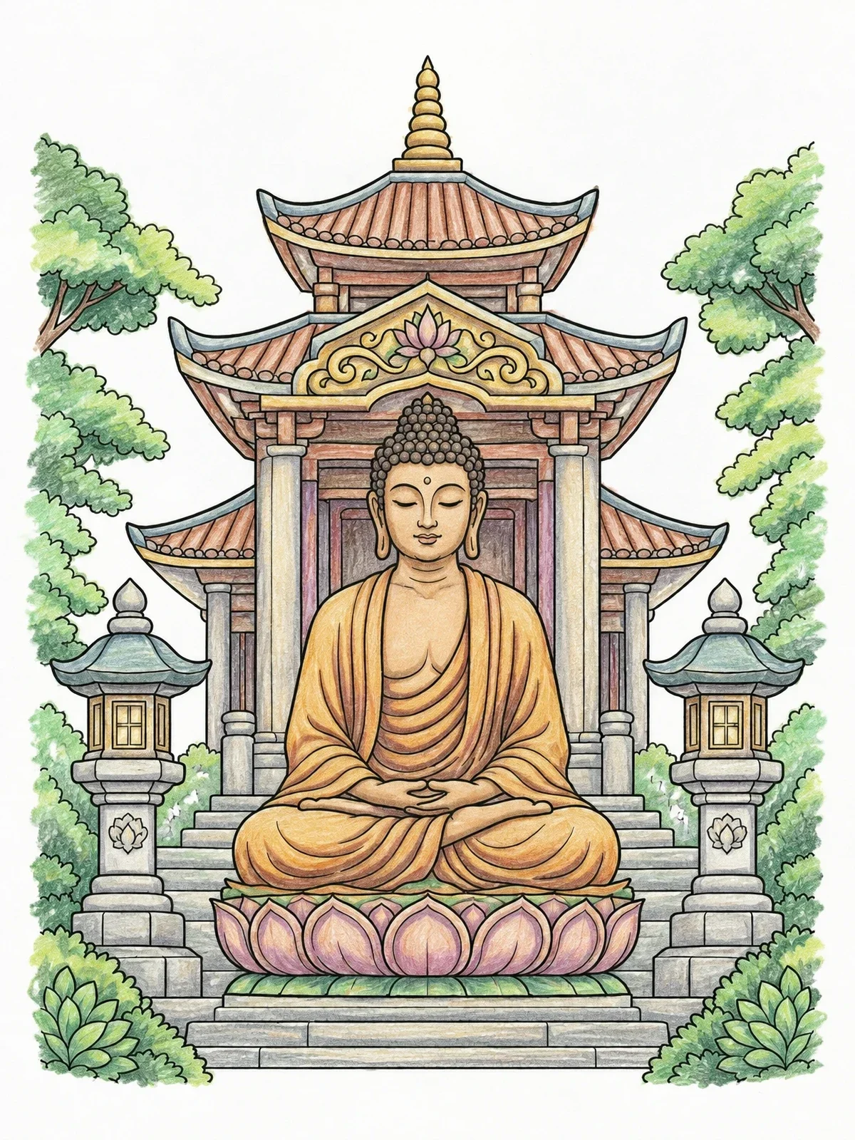 Colored example of the Meditating Buddha At Pagoda Temple coloring page