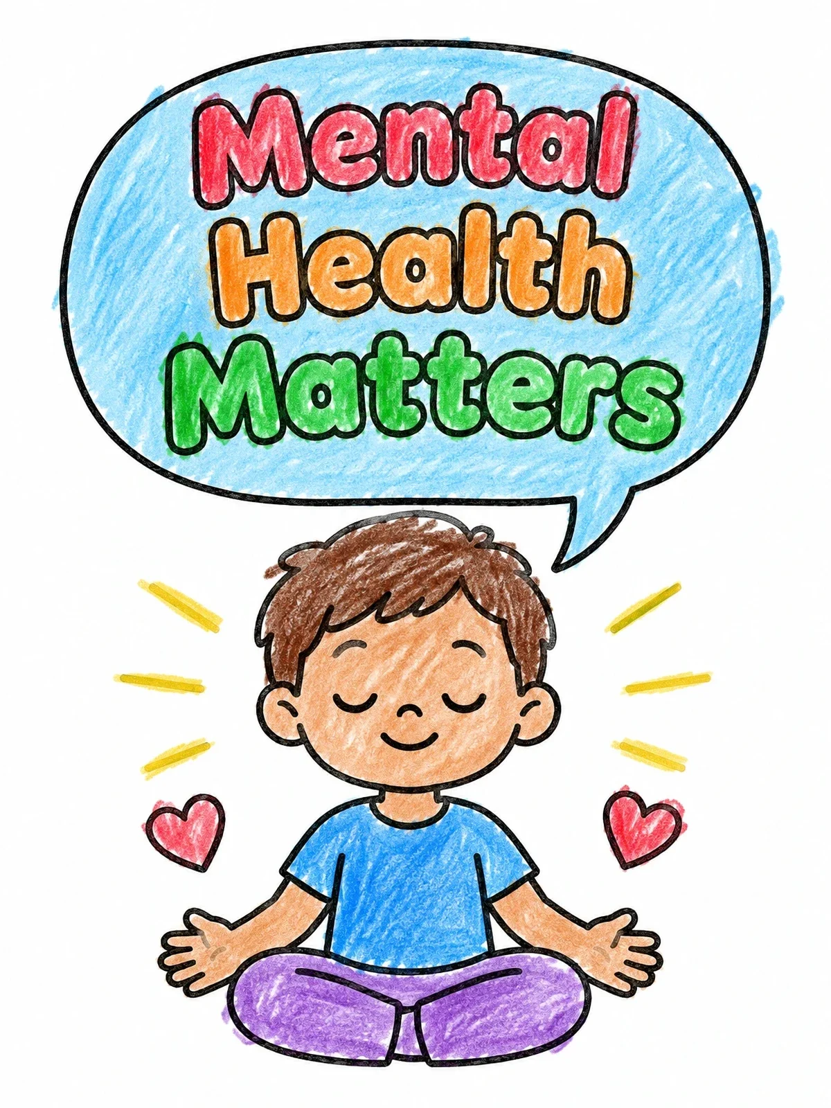 Colored example of the Meditating Child Mental Health Matters coloring page
