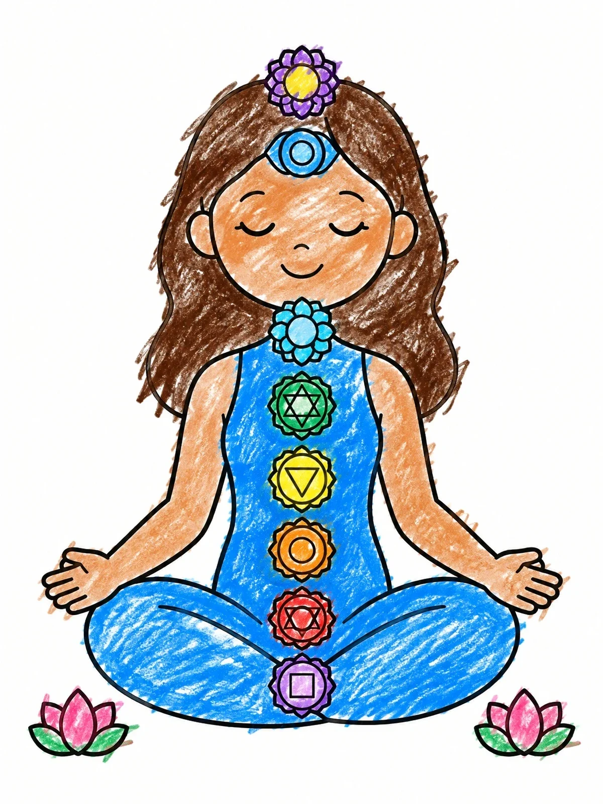 Colored example of the Meditating Girl With Seven Chakras coloring page