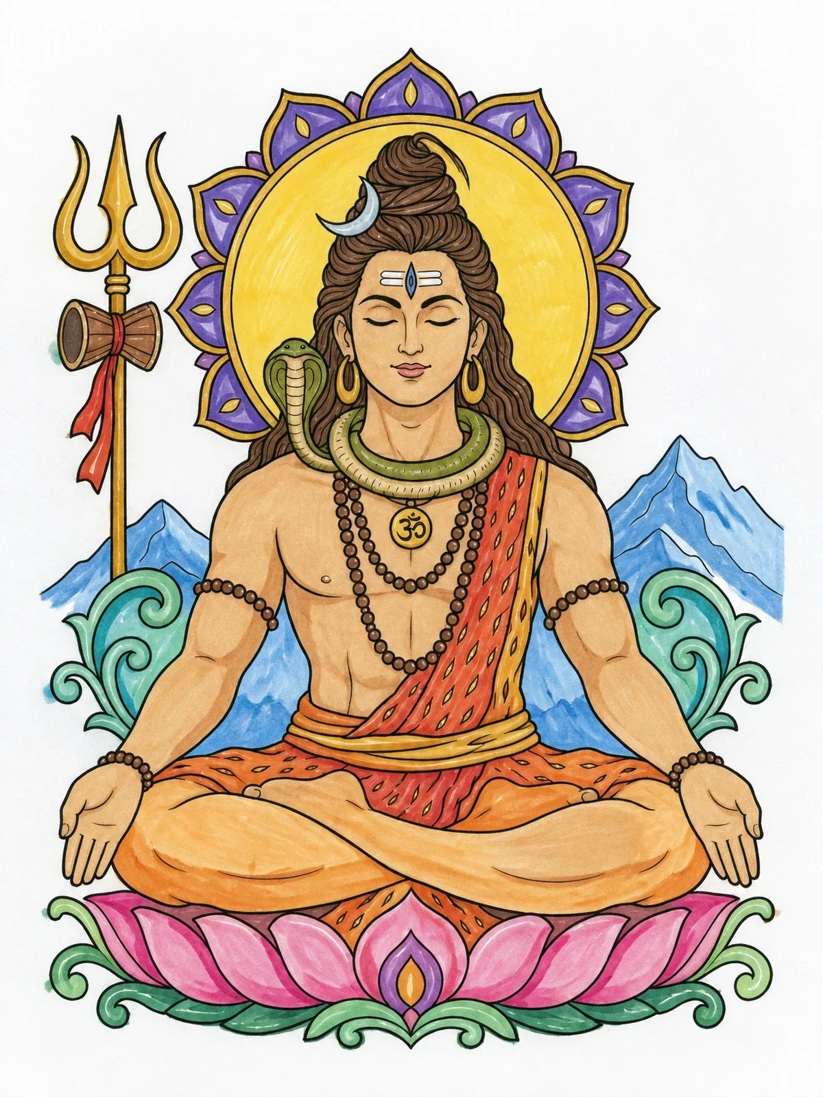 Colored example of the Meditating Lord Shiva In Lotus Pose coloring page