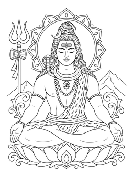 A peaceful lord shiva coloring page showing the deity meditating cross-legged with trishula and snake.