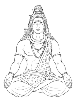 A serene lord shiva coloring page showing the deity meditating peacefully in cross-legged pose.