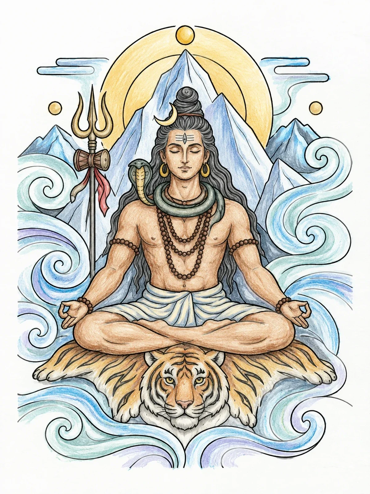 Colored example of the Meditating Lord Shiva On Mount Kailash coloring page