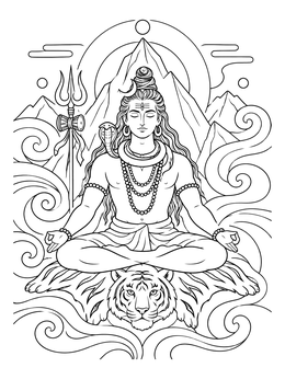 Detailed lord shiva coloring page showing Shiva meditating in front of mountains with swirling mist.
