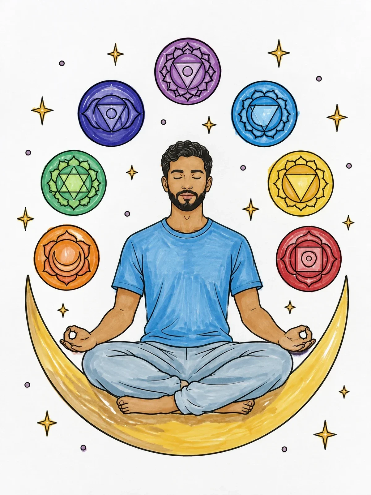 Colored example of the Meditating Man With Seven Chakras coloring page