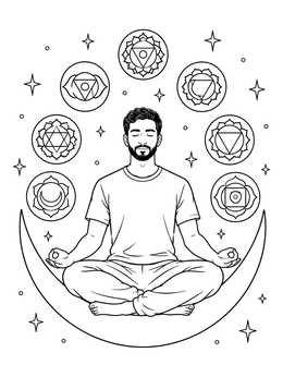A man sits on a crescent moon surrounded by starry skies in this serene chakra coloring page.