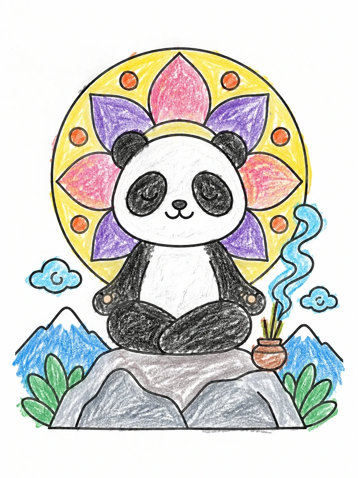 Colored example of the Meditating Panda On A Mountain coloring page