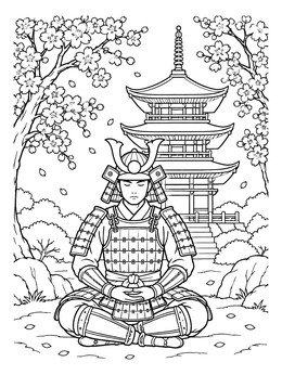 A peaceful samurai coloring page featuring an armored warrior meditating under cherry blossoms before a pagoda.