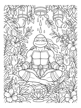 A peaceful turtle ninja meditating among candles on this detailed ninja coloring page.