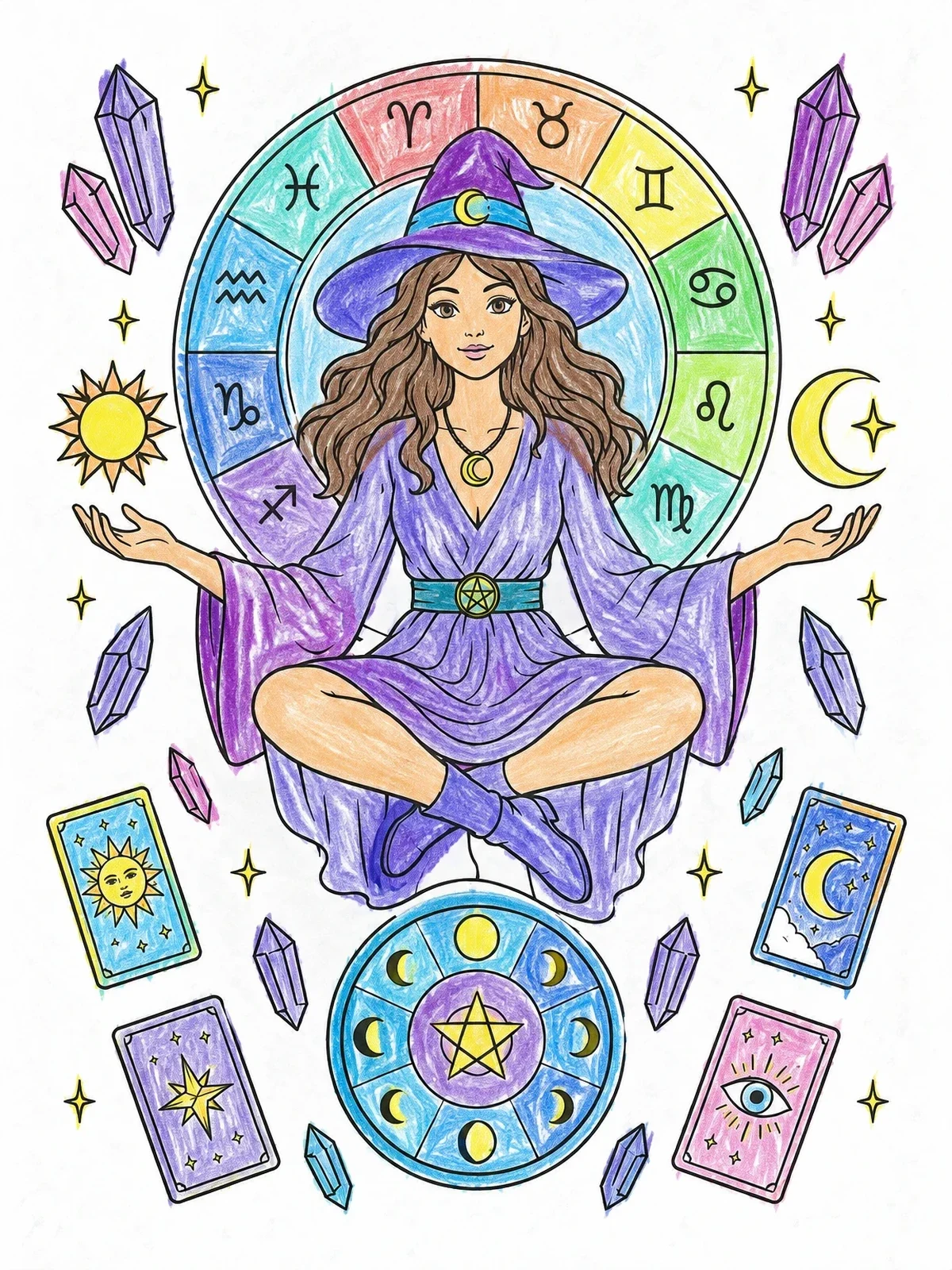 Colored example of the Meditating Witch With Zodiac Wheel coloring page
