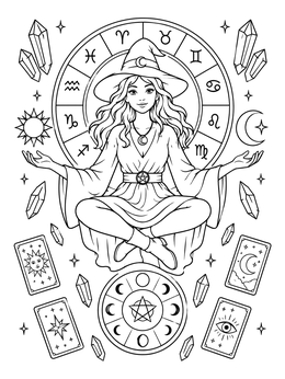 A meditating witch coloring page surrounded by zodiac symbols, tarot cards, and crystals.