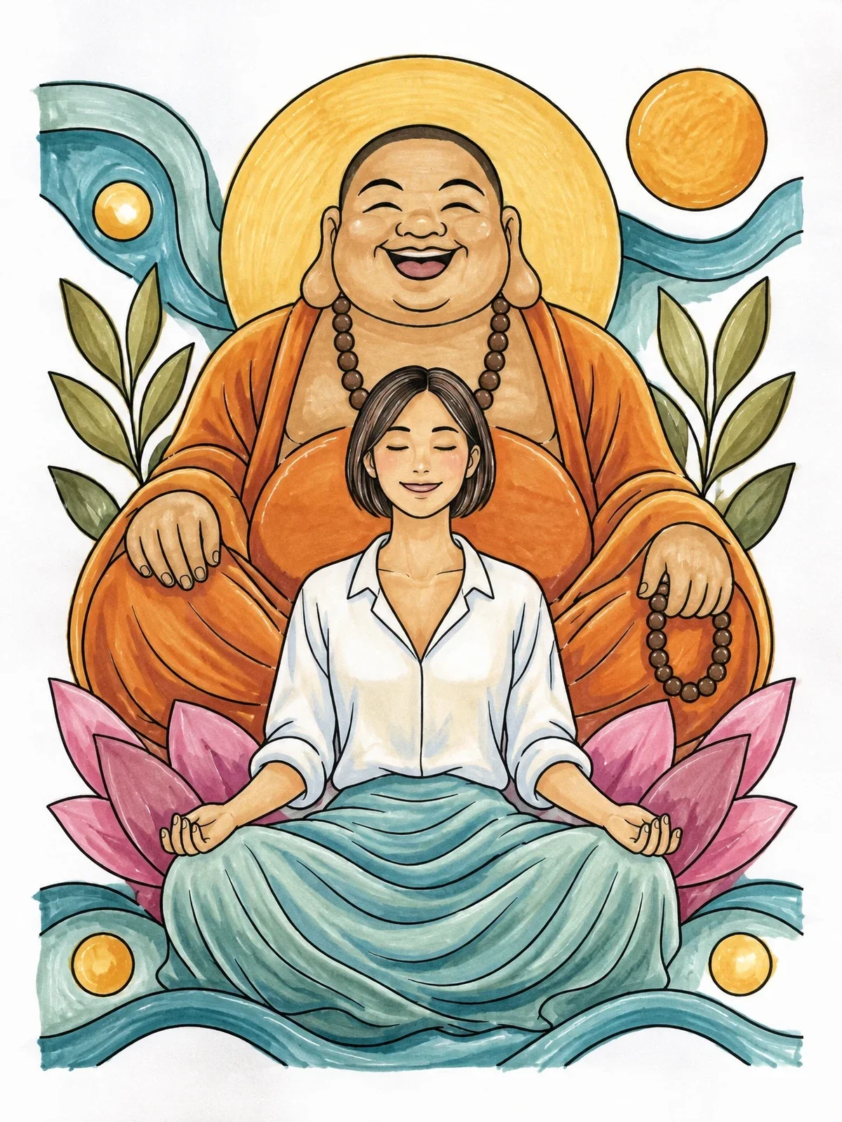 Colored example of the Meditating Woman And Laughing Buddha coloring page