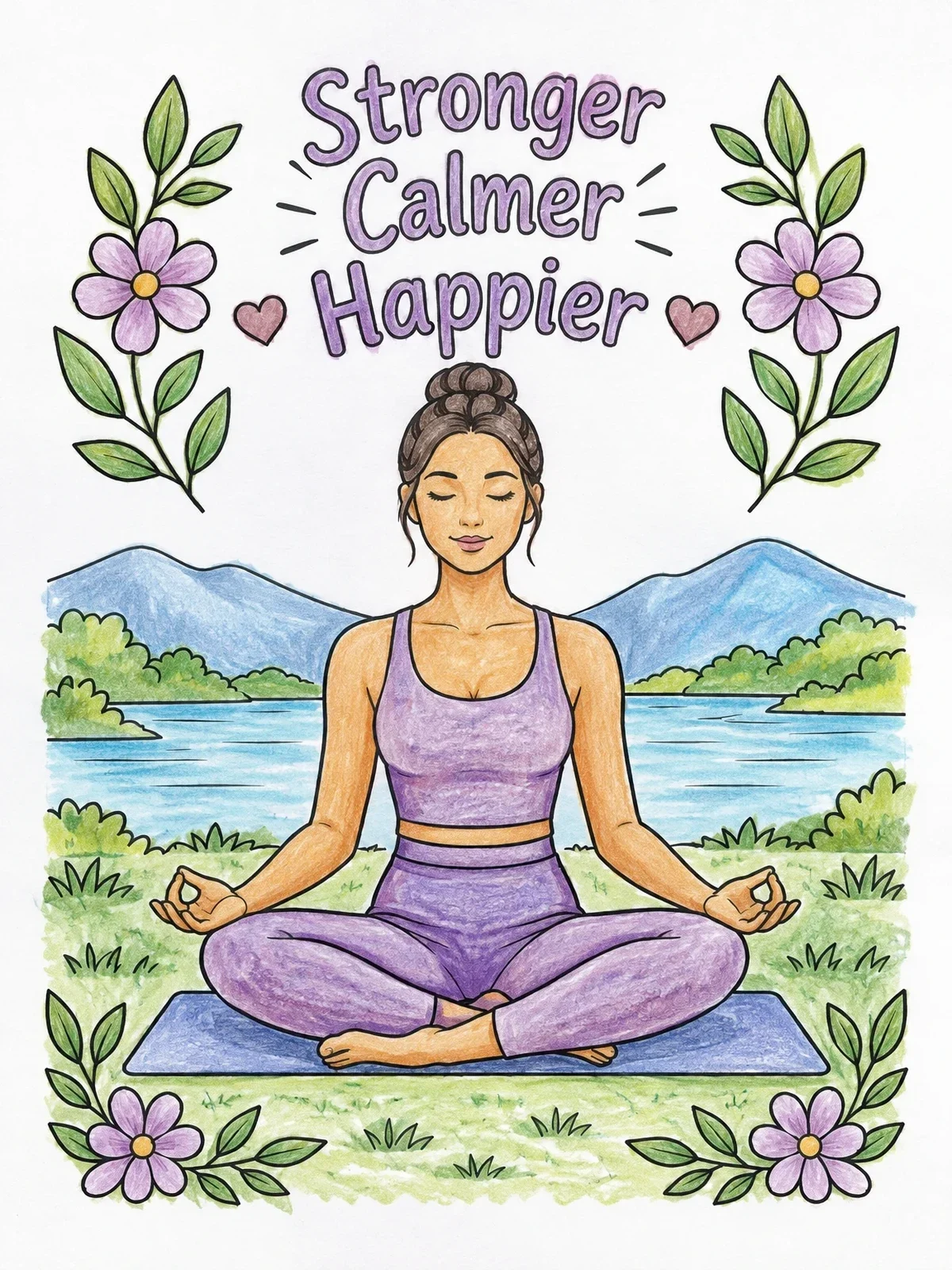 Colored example of the Meditating Woman Outdoors With Motivational Quote coloring page