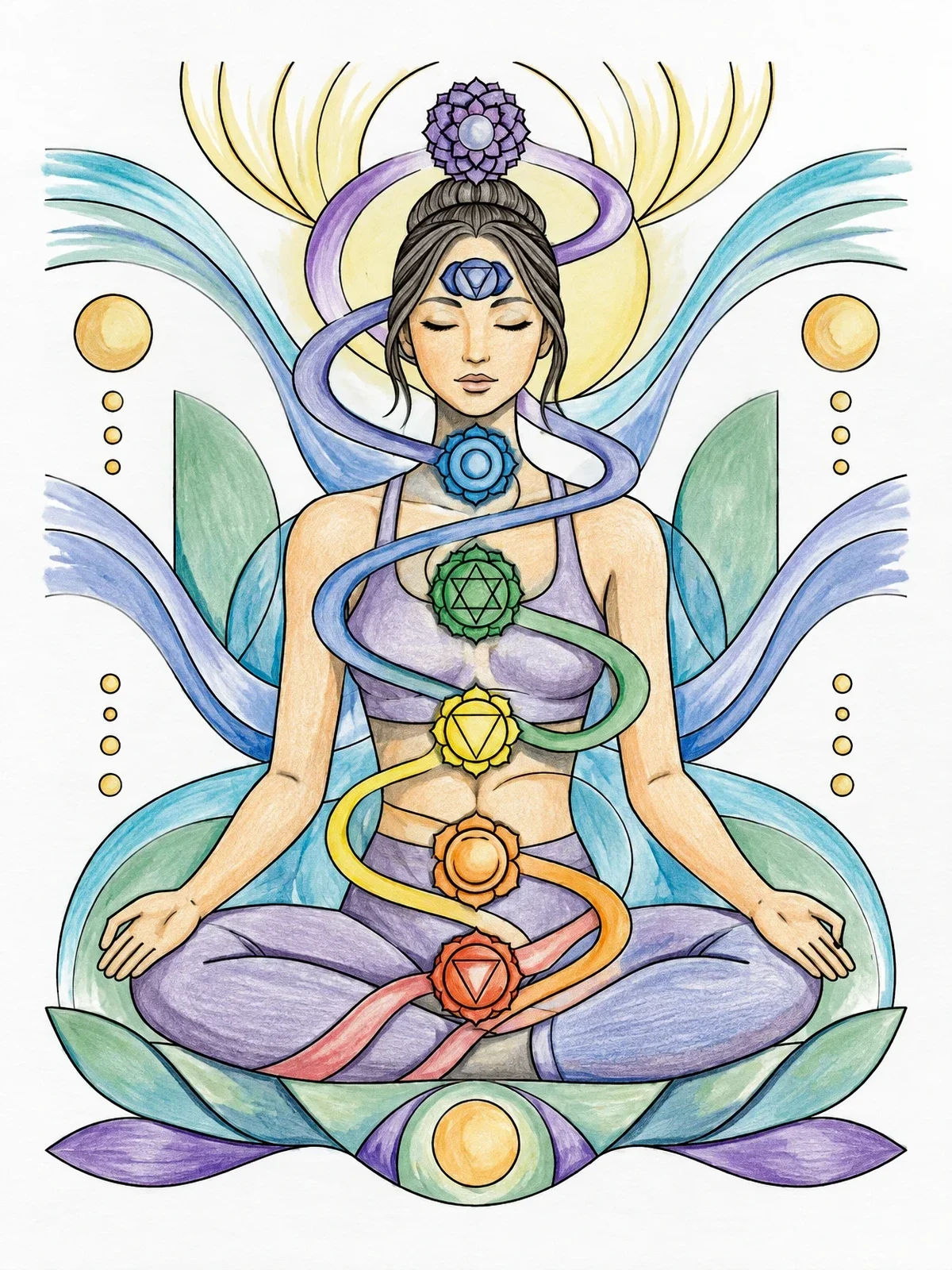 Colored example of the Meditating Woman With Seven Chakras coloring page