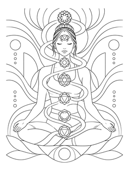 A serene meditating woman in lotus pose with seven chakras featured in this detailed chakra coloring page.