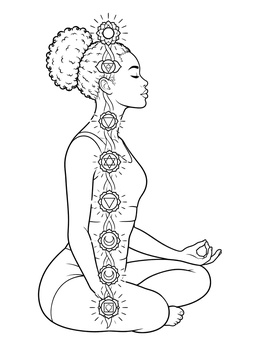 A serene meditating woman in this chakra coloring page with seven energy symbols aligned.