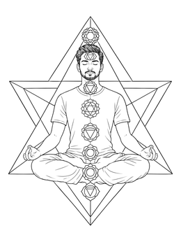 A peaceful meditating man within a geometric star on this chakra coloring page.