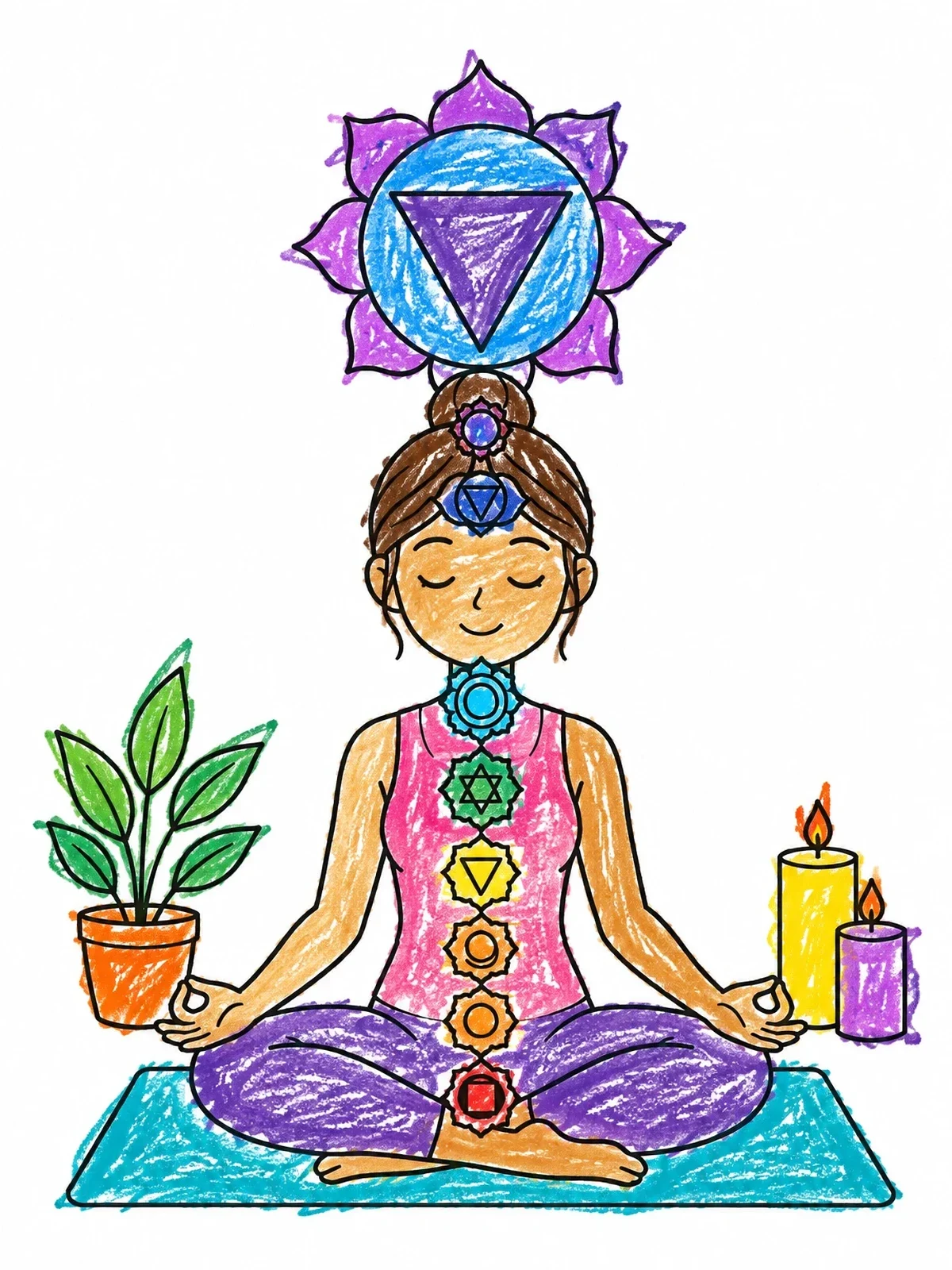 Colored example of the Meditating Yogi With Chakra Symbols coloring page