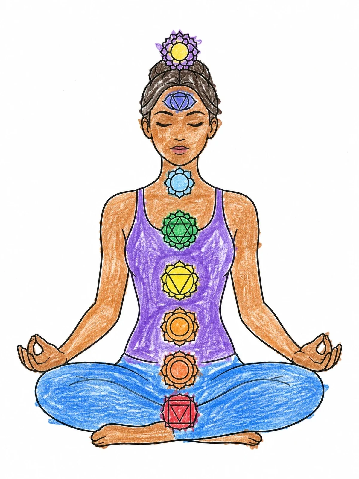 Colored example of the Meditating Yogi With Seven Chakras coloring page