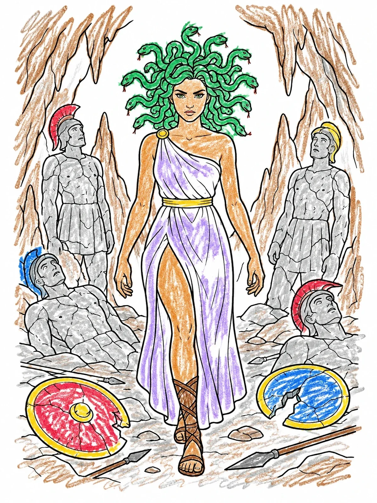 Colored example of the Medusa Among Petrified Warriors coloring page