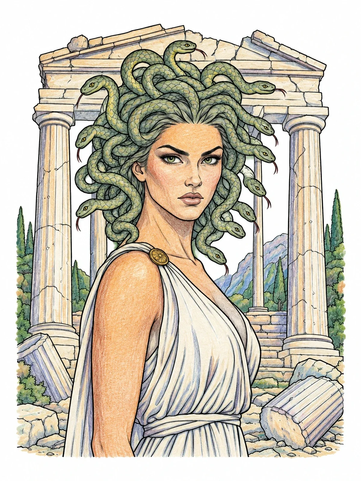 Colored example of the Medusa At Ancient Greek Temple Ruins coloring page