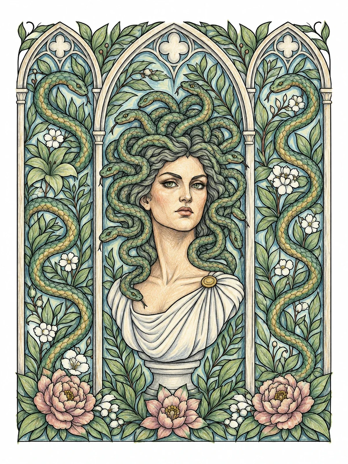 Colored example of the Medusa Bust In Gothic Arches coloring page