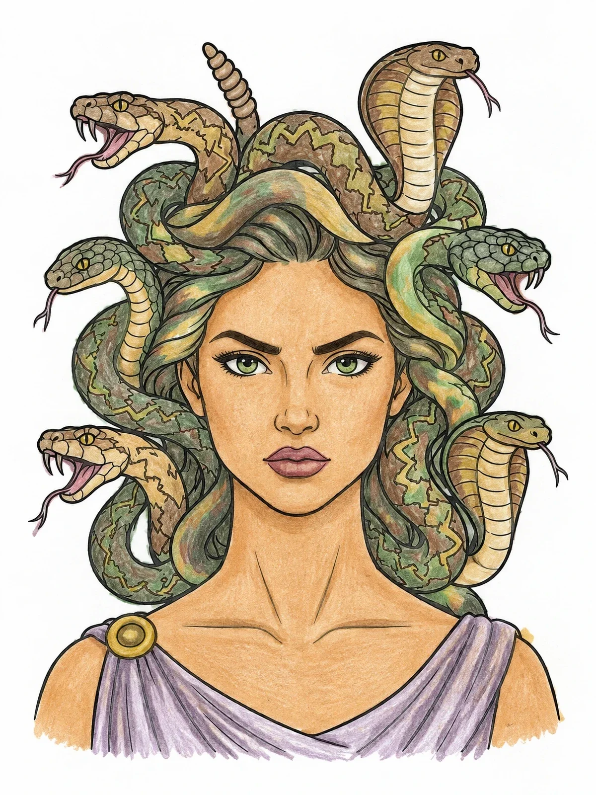 Colored example of the Medusa With Coiling Serpent Hair coloring page