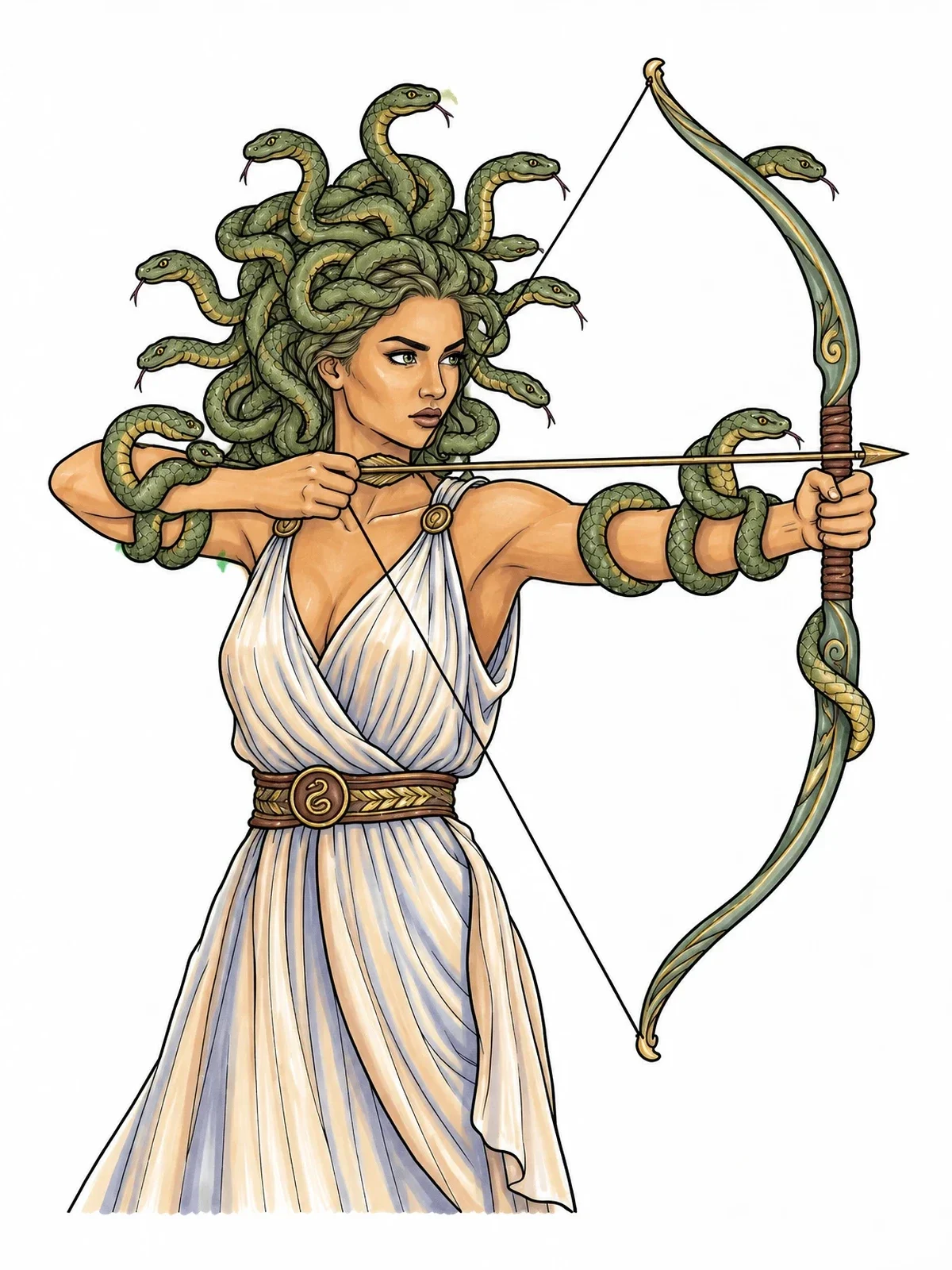 Colored example of the Medusa Archer With Bow And Serpents coloring page