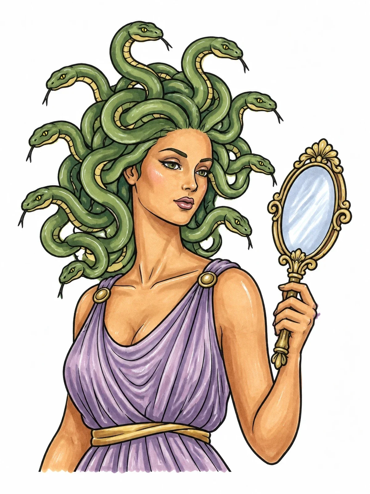Colored example of the Medusa With Hand Mirror coloring page
