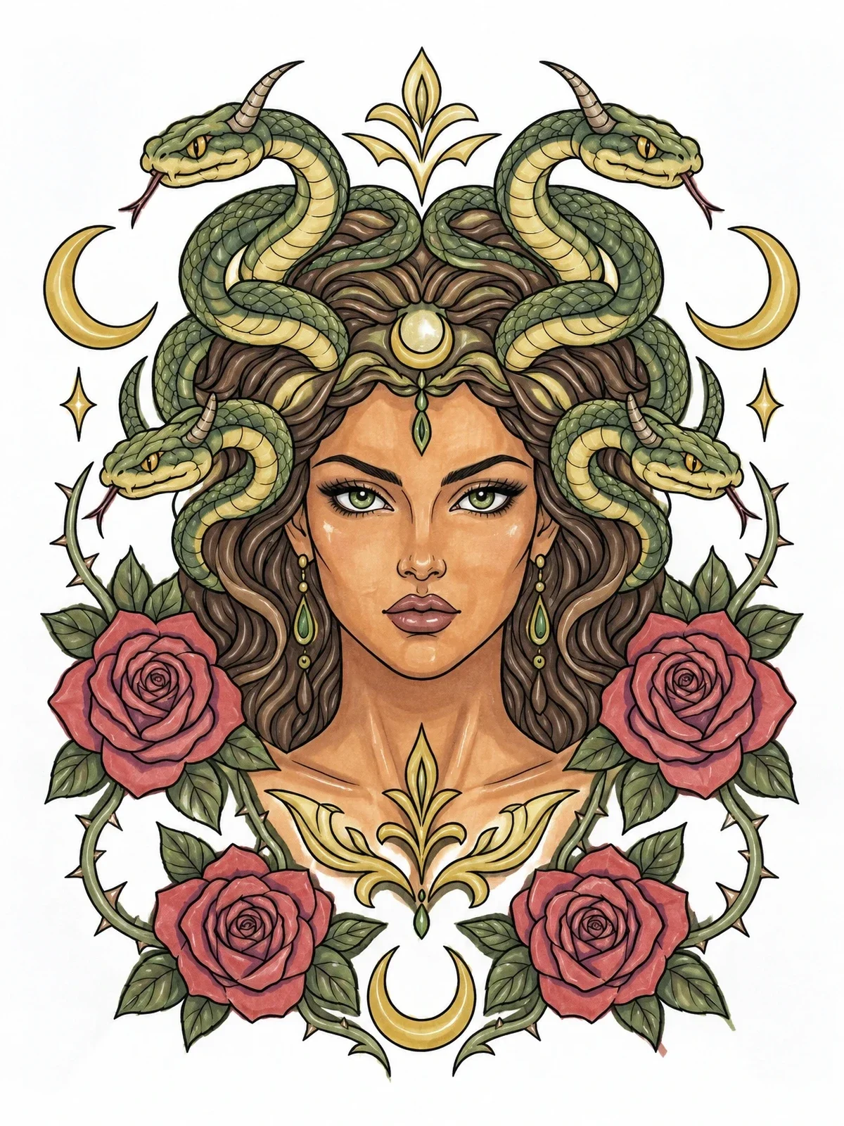 Colored example of the Medusa With Horned Vipers And Roses coloring page