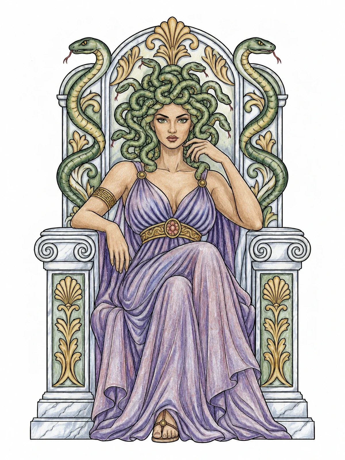 Colored example of the Medusa On Her Carved Throne coloring page