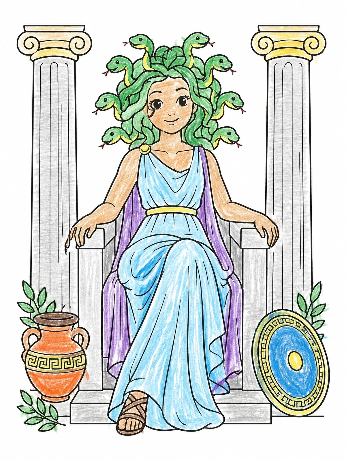 Colored example of the Medusa On Her Stone Throne coloring page