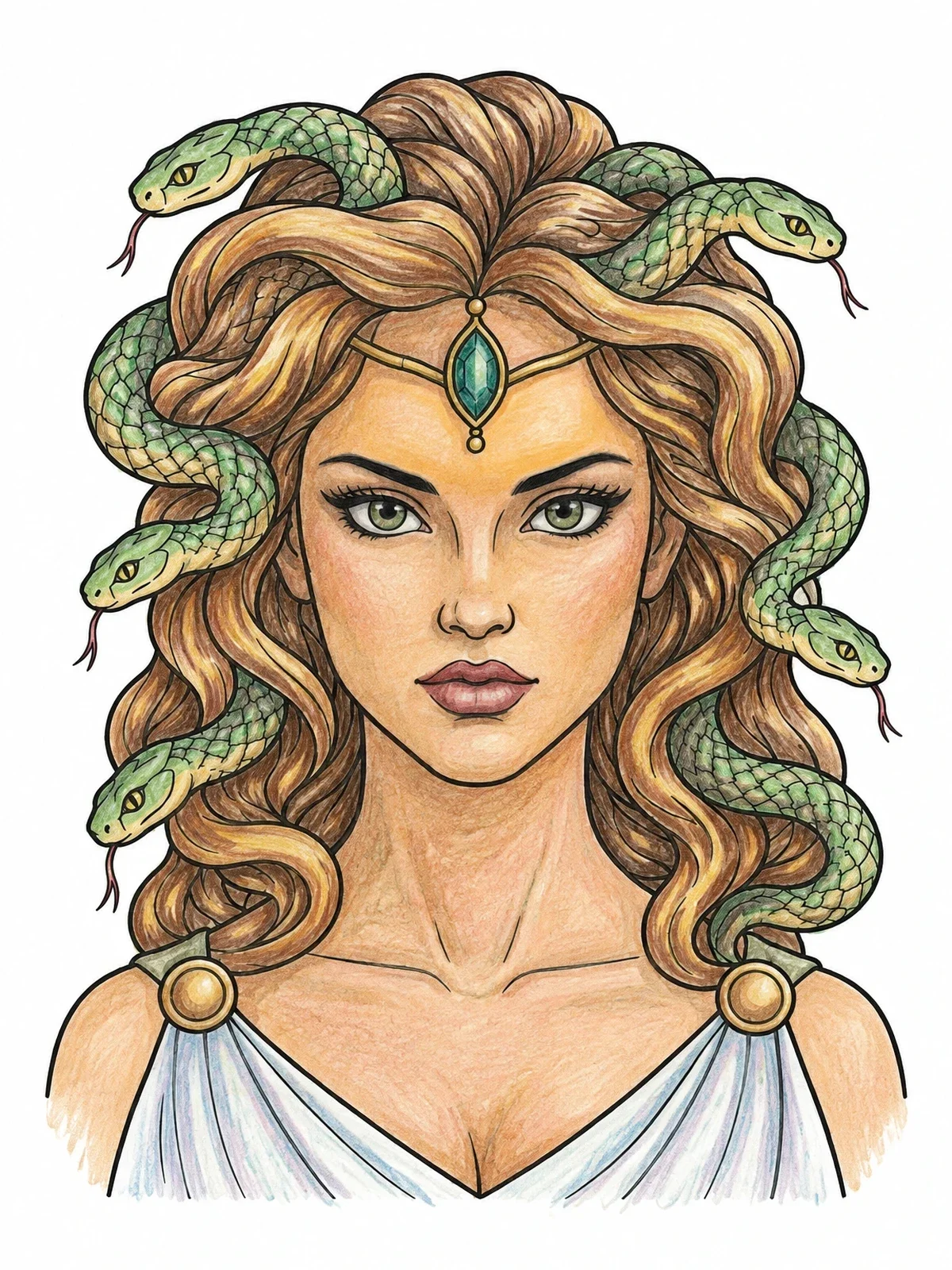Colored example of the Medusa Portrait With Serpentine Hair coloring page